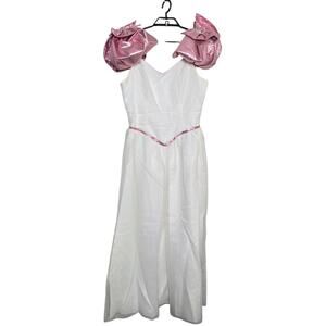 Vintage 80s Prom Dress Gown Size 16 Pink White Metallic Fluffy Sleeves Bow Long